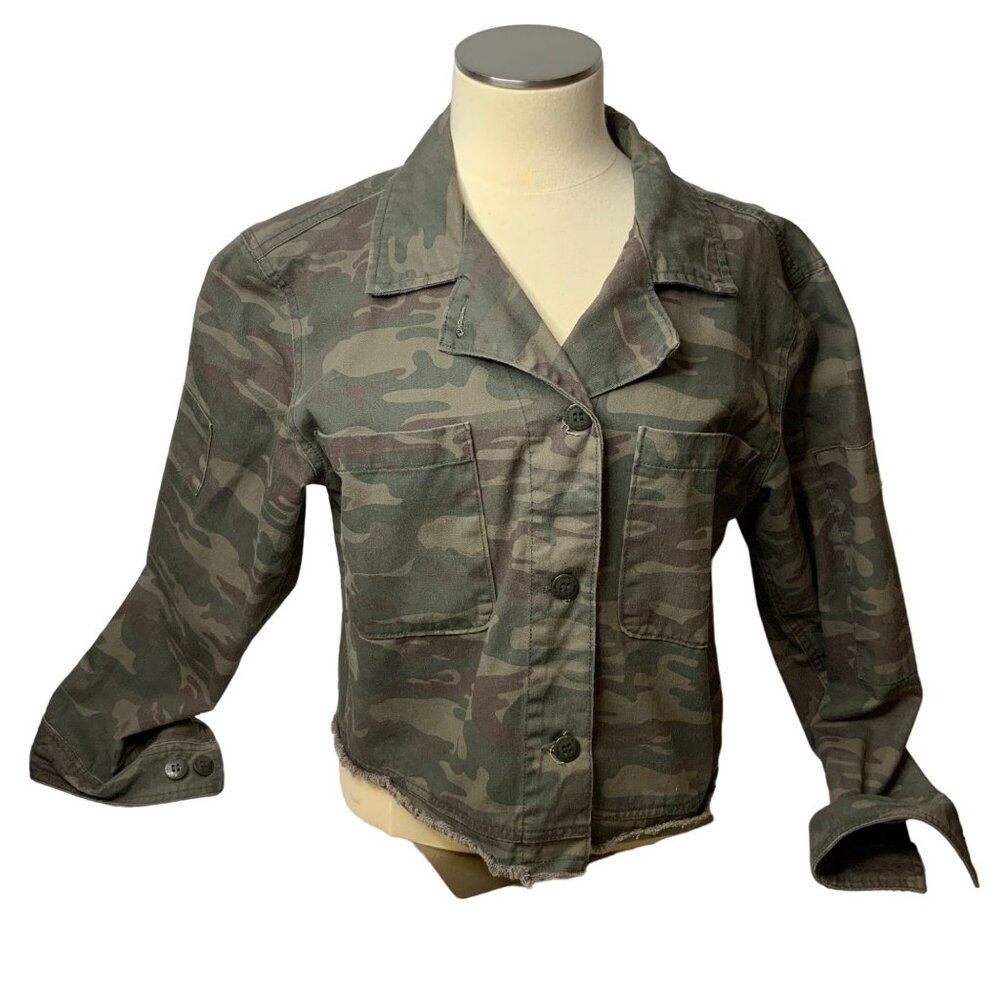 Sanctuary Camo Denim Jacket women's large (9-10) stretch denim Army frayed hem
